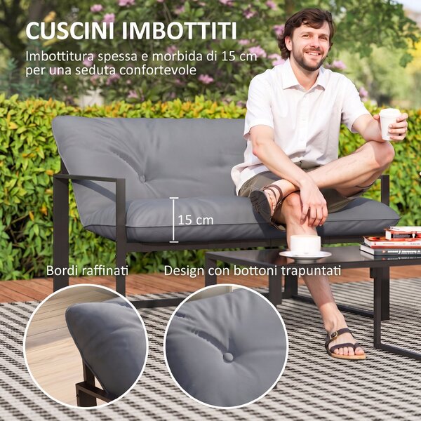 Outsunny Set da Giardino 4 Pezzi con Divanetto, 2 Poltrone e Tavolino, in Acciaio, Poliestere e Cotone PP, Nero e Grigio | Aosom Italy