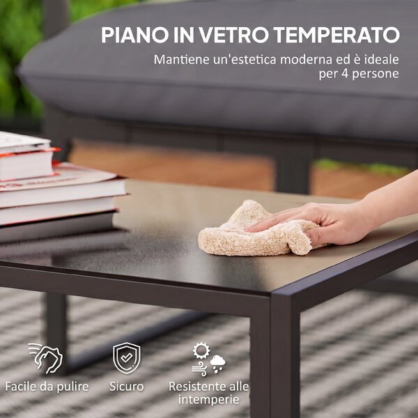 Outsunny Set da Giardino 4 Pezzi con Divanetto, 2 Poltrone e Tavolino, in Acciaio, Poliestere e Cotone PP, Nero e Grigio | Aosom Italy