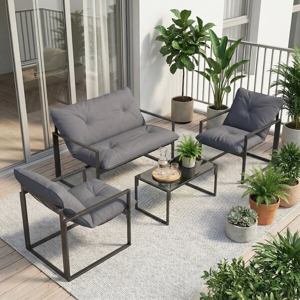 Outsunny Set da Giardino 4 Pezzi con Divanetto, 2 Poltrone e Tavolino, in Acciaio, Poliestere e Cotone PP, Nero e Grigio | Aosom Italy