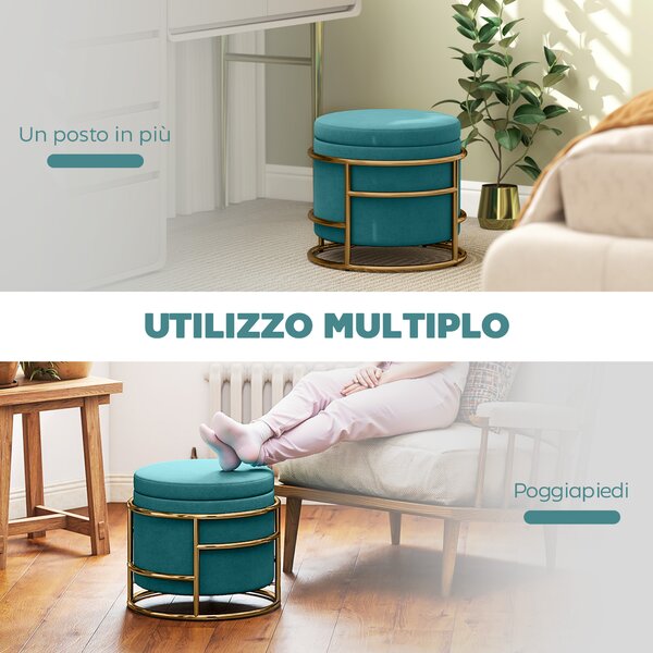 HOMCOM Pouf Contenitore Rotondo in Velluto con Vano da 24L e Coperchio Rimovibile, Ø42x39 cm, Verde | Aosom Italy