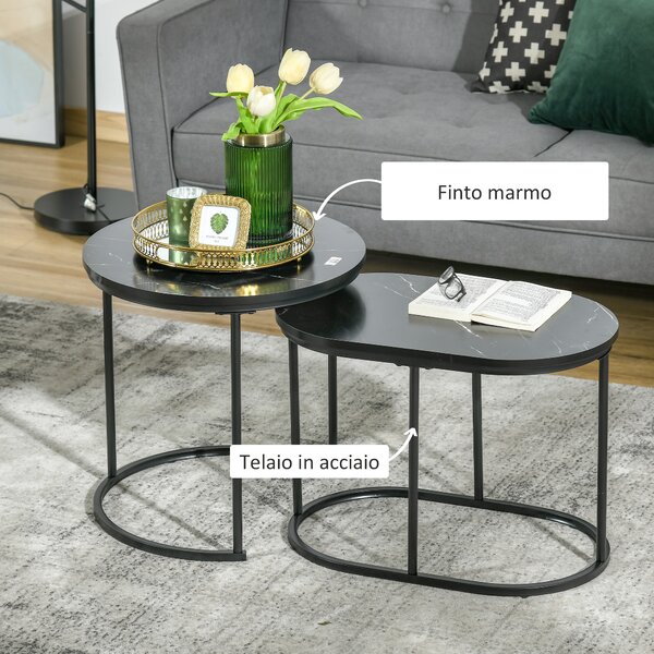 HOMCOM Set 2 Tavolini da Caffè con Piano Effetto Marmo, in Legno e Acciaio, Ø50x50.5 cm e 60x36x43.5 cm, Nero | Aosom Italy