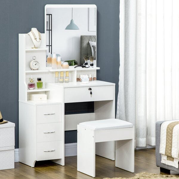 HOMCOM Toeletta da Trucco con Specchio, Tavolo da Trucco, Sgabello, 4 Cassetti e 4 Ripiani, Bianco | Aosom Italy