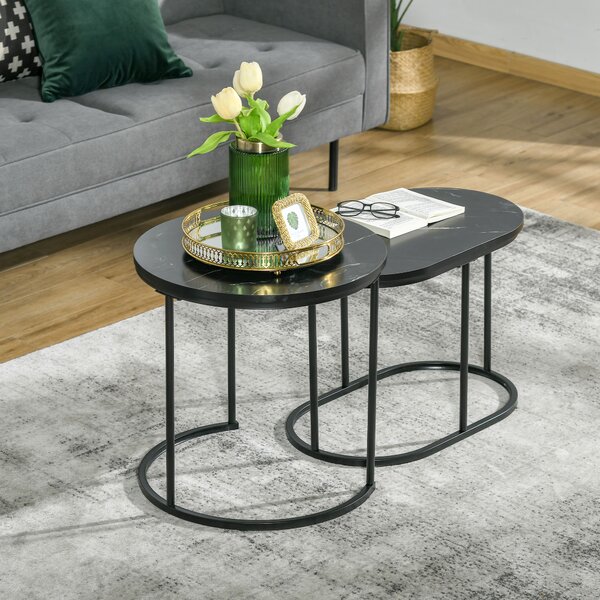 HOMCOM Set 2 Tavolini da Caffè con Piano Effetto Marmo, in Legno e Acciaio, Ø50x50.5 cm e 60x36x43.5 cm, Nero | Aosom Italy