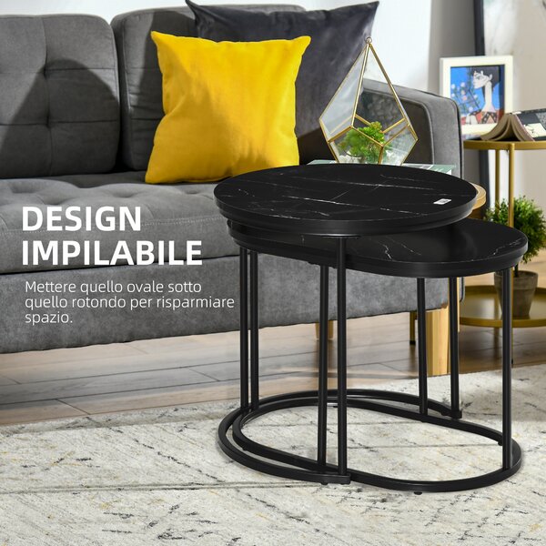 HOMCOM Set 2 Tavolini da Caffè con Piano Effetto Marmo, in Legno e Acciaio, Ø50x50.5 cm e 60x36x43.5 cm, Nero | Aosom Italy