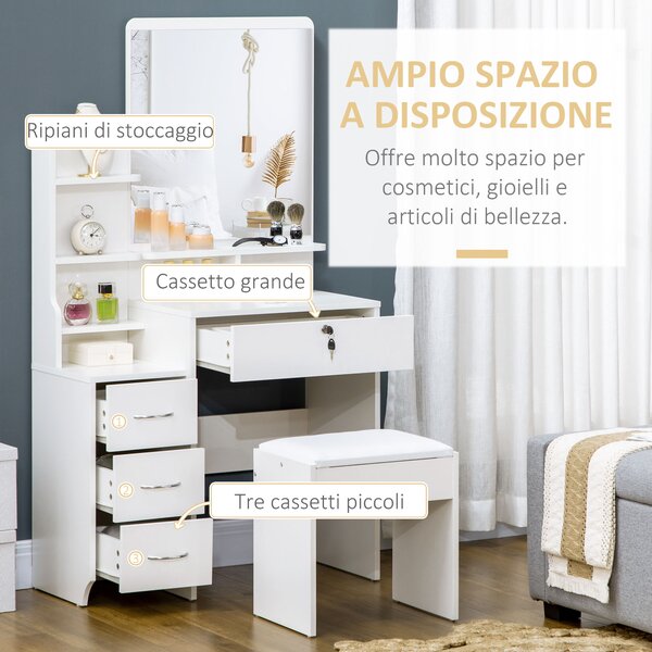 HOMCOM Toeletta da Trucco con Specchio, Tavolo da Trucco, Sgabello, 4 Cassetti e 4 Ripiani, Bianco | Aosom Italy