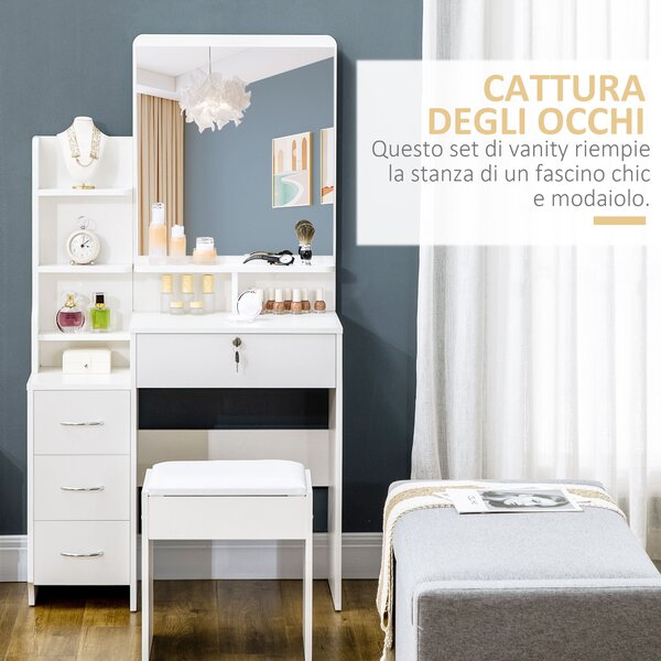 HOMCOM Toeletta da Trucco con Specchio, Tavolo da Trucco, Sgabello, 4 Cassetti e 4 Ripiani, Bianco | Aosom Italy