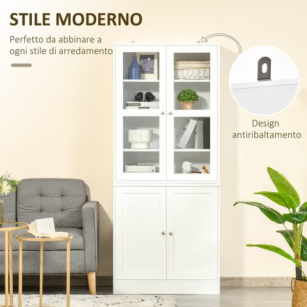 HOMCOM Mobile Libreria con 2 Armadietti, Armadio con Ripiani Regolabili su 3 livelli e Ante in Vetro, 76x40x178.5 cm, Bianco | Aosom Italy