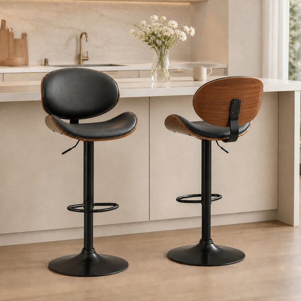 HOMCOM Set 2 Sgabelli da Bar con Schienale Regolabili in Altezza, Legno e Finta Pelle, 53x52x92-112 cm, Nero | Aosom Italy