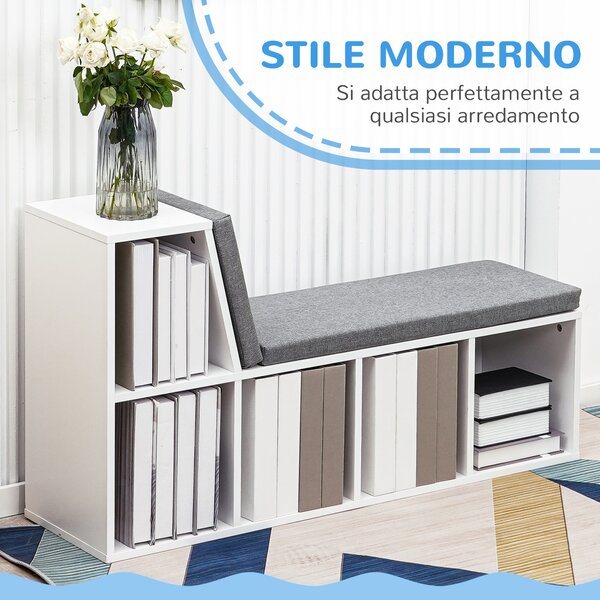 HOMCOM Libreria Moderna a 5 Ripiani Aperti con 2 Cuscini, in Legno, 108x30x60 cm, Grigio | Aosom Italy