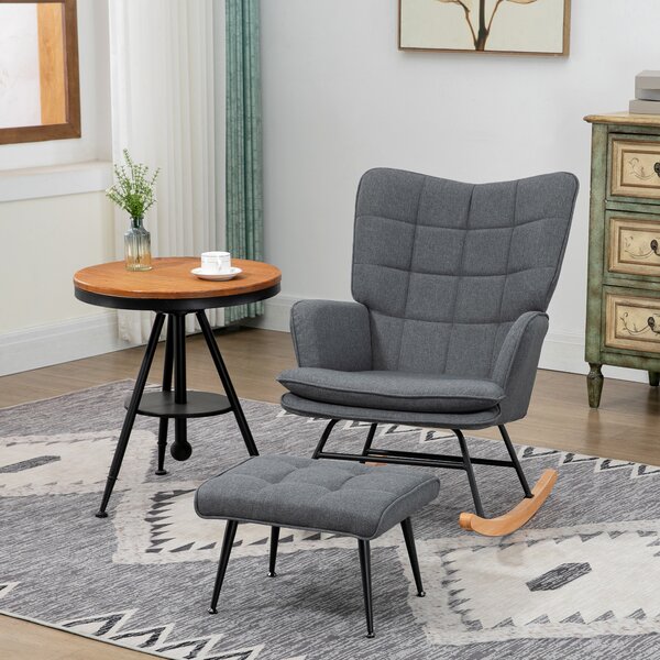 HOMCOM Sedia a Dondolo con Pouf in Tessuto Effetto Lino e Legno con Cuscino, Braccioli, Capacità 130 kg, Grigio | Aosom Italy
