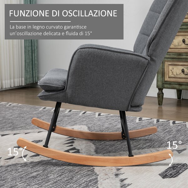 HOMCOM Sedia a Dondolo con Pouf in Tessuto Effetto Lino e Legno con Cuscino, Braccioli, Capacità 130 kg, Grigio | Aosom Italy
