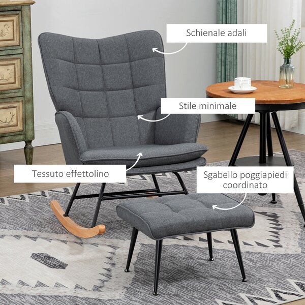 HOMCOM Sedia a Dondolo con Pouf in Tessuto Effetto Lino e Legno con Cuscino, Braccioli, Capacità 130 kg, Grigio | Aosom Italy