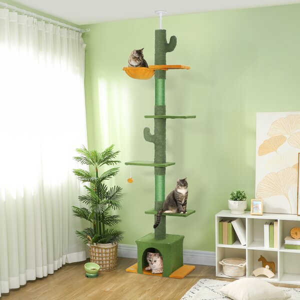 Albero Tiragraffi per Gatti 5 kg a Soffitto Alto 230-275 cm con Amaca Casetta Piattaforme in Tessuto Teddy e Sisal Verde