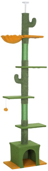 Albero Tiragraffi per Gatti 5 kg a Soffitto Alto 230-275 cm con Amaca Casetta Piattaforme in Tessuto Teddy e Sisal Verde