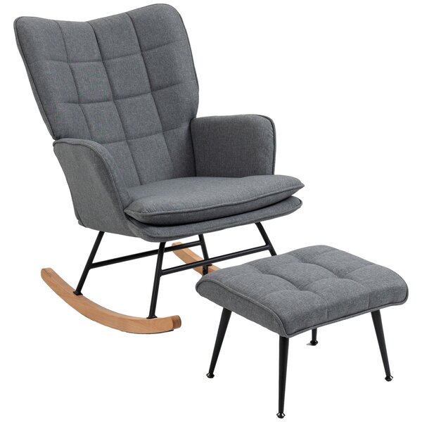 HOMCOM Sedia a Dondolo con Pouf in Tessuto Effetto Lino e Legno con Cuscino, Braccioli, Capacità 130 kg, Grigio | Aosom Italy