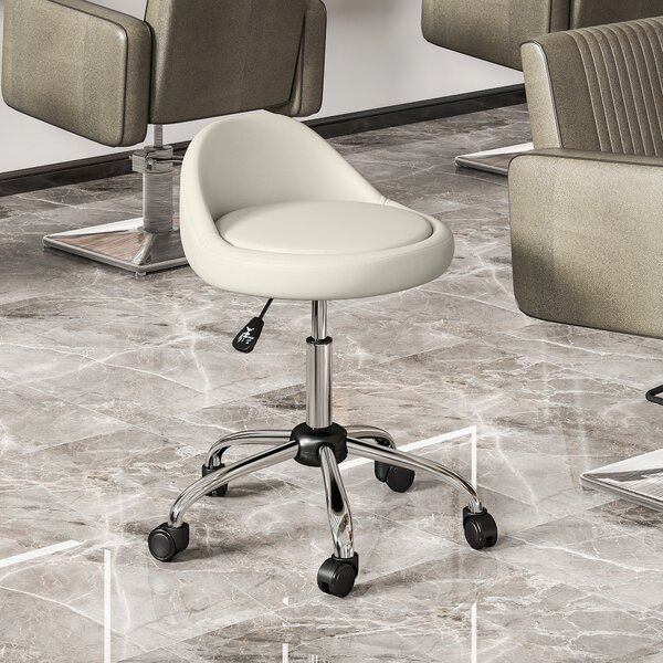 HOMCOM Sgabello con Ruote, Seduta Girevole, Altezza Regolabile e Rivestimento in Finta Pelle PU, Bianco | Aosom Italy