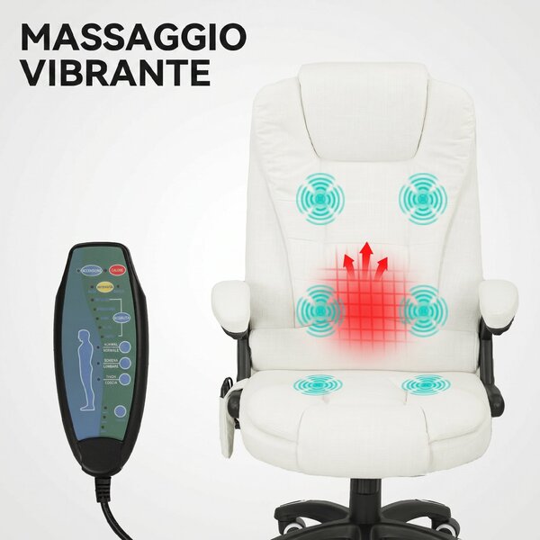 Vinsetto Sedia da Ufficio Reclinabile Massaggiante con Altezza Regolabile, Telecomando, in Tessuto Effetto Lino, Crema | Aosom Italy