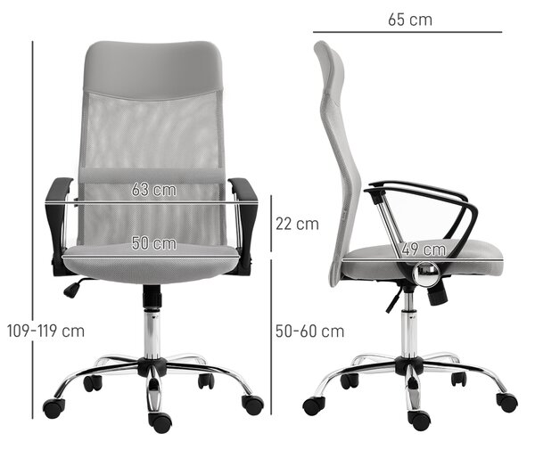 HOMCOM Sedia Ergonomica da Ufficio Girevole, Altezza Regolabile e Schienale a Rete, 63x65x109-119 cm, Grigio Chiaro | Aosom Italy