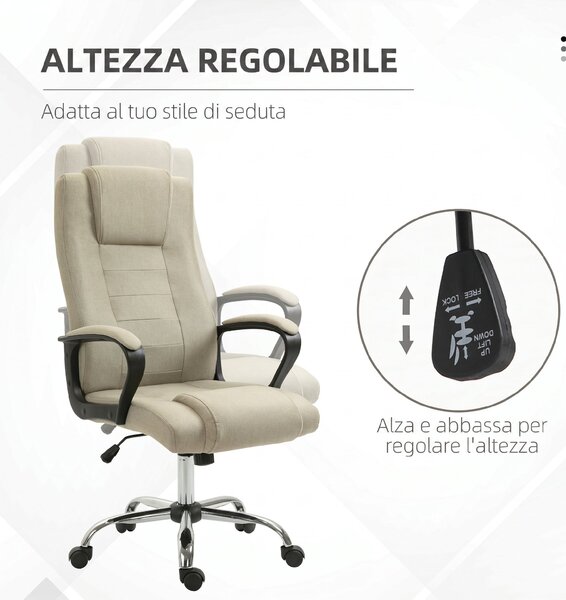 Vinsetto Sedia da Ufficio Ergonomica Inclinabile Girevole in Tessuto Effetto Lino con Poggiatesta, Beige | Aosom Italy
