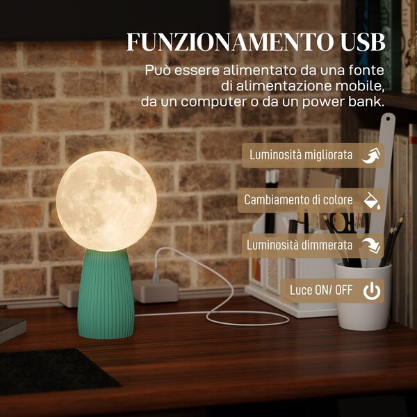 HOMCOM Lampada da Tavolo a Forma di Luna e 3 Colori con 10 Luminosità, in ABS, Ø15x28 cm, Bianco e Verde Scuro | Aosom Italy