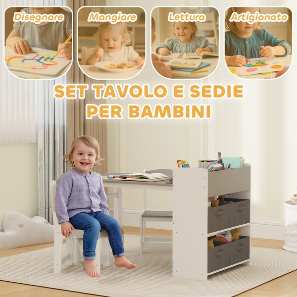 AIYAPLAY Set Tavolo e Sedie per Bambini con 2 Sedie e Tavolino Contenitore, in Legno e Tessuto non Tessuto, Grigio e Bianco | Aosom Italy