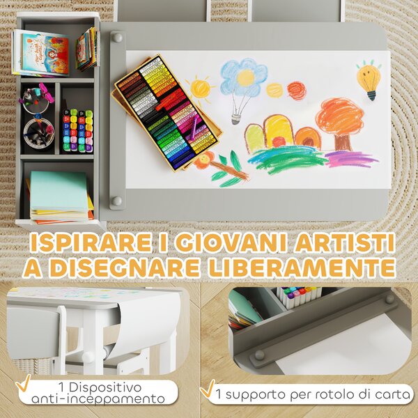 AIYAPLAY Set Tavolo e Sedie per Bambini con 2 Sedie e Tavolino Contenitore, in Legno e Tessuto non Tessuto, Grigio e Bianco | Aosom Italy
