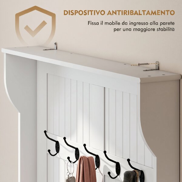 HOMCOM Appendiabiti da Terra 179.7cm con Panca Porta Scarpe, 5 Ganci, Dispositivo Antiribaltamento, per Ingresso, Crema | Aosom Italy