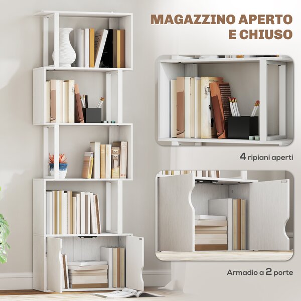 HOMCOM Libreria Moderna con 5 Ripiani e Armadietto a 2 Ante in Legno, 60x23.8x179.2 cm, Bianco | Aosom Italy