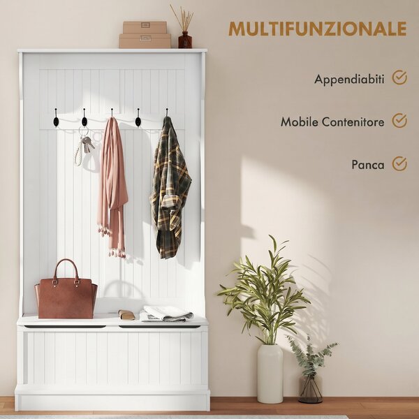 HOMCOM Appendiabiti da Terra 179.7cm con Panca Porta Scarpe, 5 Ganci, Dispositivo Antiribaltamento, per Ingresso, Crema | Aosom Italy