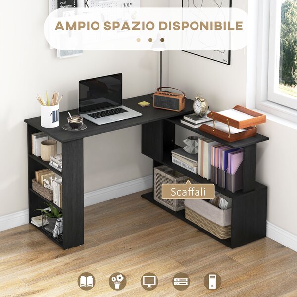 HOMCOM Scrivania Angolare con Piano Girevole a 360° e 5 Ripiani, 120x110x74.5 cm, Nero | Aosom Italy