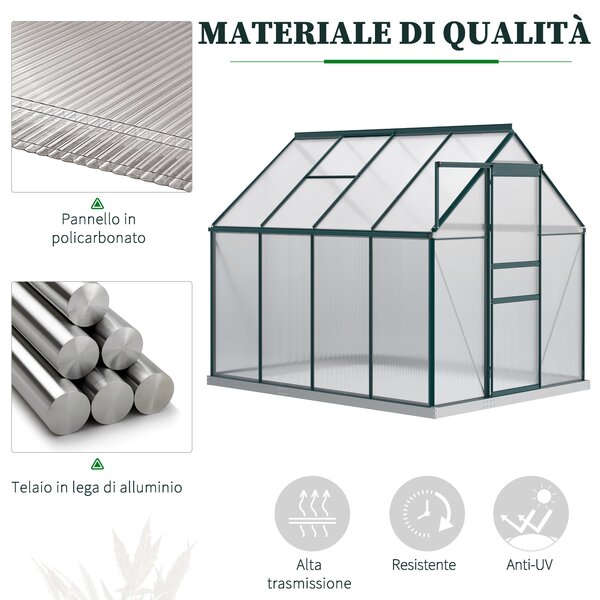 Outsunny Serra da Giardino con porta scorrevole, tetto inclinato con grondaie, in Metallo e Alluminio, Anti-UV, 190x253x199cm, Verde | Aosom Italy