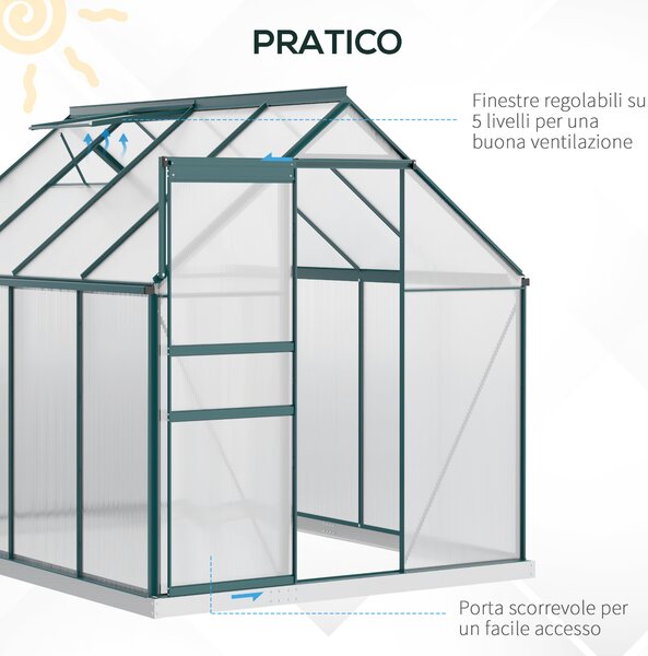 Outsunny Serra da Giardino con porta scorrevole, tetto inclinato con grondaie, in Metallo e Alluminio, Anti-UV, 190x253x199cm, Verde | Aosom Italy
