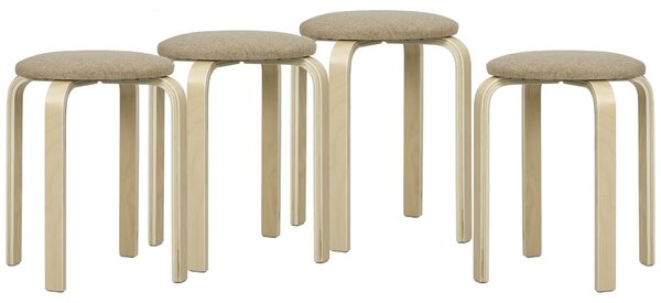 HOMCOM Set 4 Sgabelli Impilabili e Imbottiti con Rivestimento in Tessuto e Gambe in Legno, Cachi | Aosom Italy