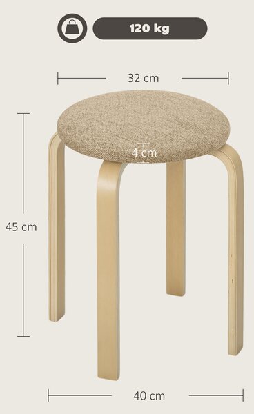HOMCOM Set 4 Sgabelli Impilabili e Imbottiti con Rivestimento in Tessuto e Gambe in Legno, Cachi | Aosom Italy
