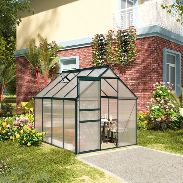 Outsunny Serra da Giardino con porta scorrevole, tetto inclinato con grondaie, in Metallo e Alluminio, Anti-UV, 190x253x199cm, Verde | Aosom Italy