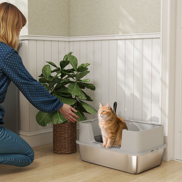Lettiera per Gatti XL in Acciaio Inox con Paletta Lati Alti Antiperdita Antiodore Fino a 7 kg Grigio