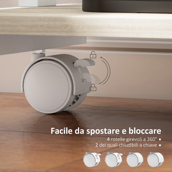 HOMCOM Scrivania PC con Cassetto Scorrevole, 2 Ripiani e 4 Rotelle, in Legno e Metallo, 56x51x79 cm, Bianco e Rovere | Aosom Italy