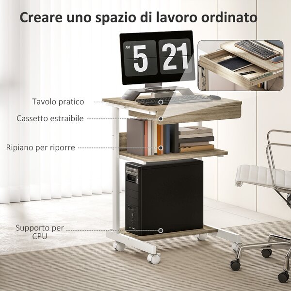 HOMCOM Scrivania PC con Cassetto Scorrevole, 2 Ripiani e 4 Rotelle, in Legno e Metallo, 56x51x79 cm, Bianco e Rovere | Aosom Italy
