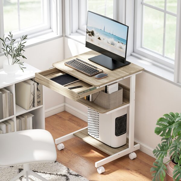 HOMCOM Scrivania PC con Cassetto Scorrevole, 2 Ripiani e 4 Rotelle, in Legno e Metallo, 56x51x79 cm, Bianco e Rovere | Aosom Italy