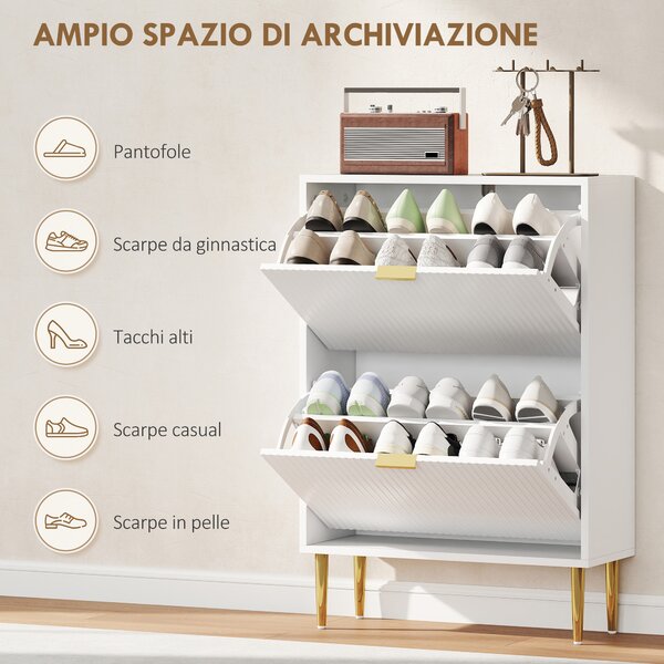 HOMCOM Scarpiera Slim per 12 Paia di Scarpe con 2 Cassetti a Ribalta e Ripiani Regolabili, 60x24x91.5 cm, Bianco | Aosom Italy
