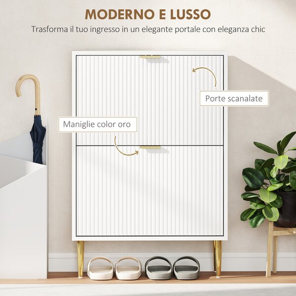 HOMCOM Scarpiera Slim per 12 Paia di Scarpe con 2 Cassetti a Ribalta e Ripiani Regolabili, 60x24x91.5 cm, Bianco | Aosom Italy