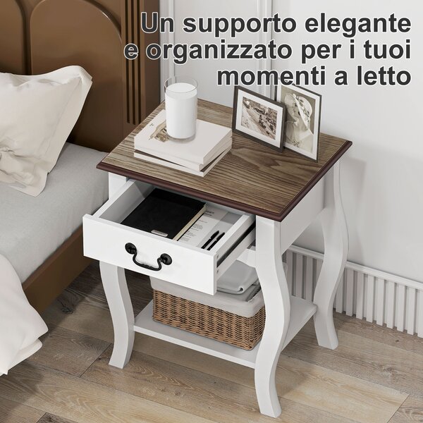 HOMCOM Comodino con Cassetto e Ripiano Aperto in Stile Francese in Legno, 45x35x55 cm, Bianco e Rovere | Aosom Italy