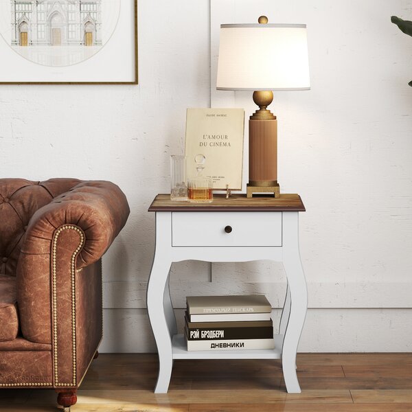 HOMCOM Comodino con Cassetto e Ripiano Aperto in Stile Francese in Legno, 45x35x55 cm, Bianco e Rovere | Aosom Italy