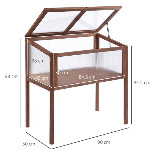 Outsunny Mini Serra da Giardino Letto per Orto Rialzato per Piante Struttura in Legno e Policarbonato con Tetto Apribile e Inclinato, 90x50x93cm