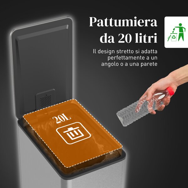 HOMCOM Cestino Spazzatura Pattumiera a Pedale 20L 21.5x37.2x57 cm Argento | Aosom Italy
