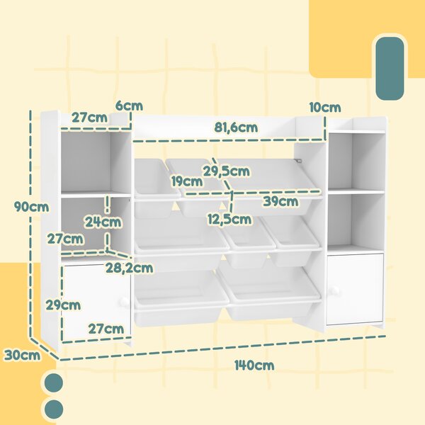 AIYAPLAY Scaffale Portagiochi per Bambini con 8 Contenitori Rimovibili e Armadietti, 140x30x90 cm, Bianco | Aosom Italy