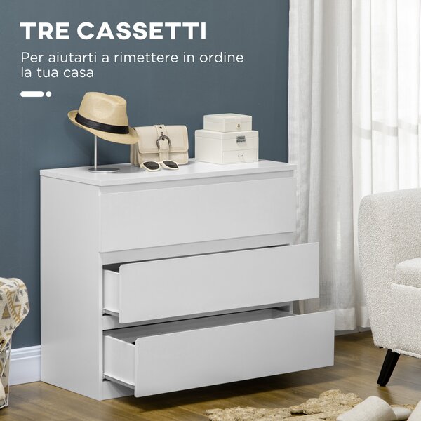 HOMCOM Cassettiera 3 Cassetti Moderna senza Maniglie per Camera e Soggiorno, 80x39x73 cm, Bianco | Aosom Italy