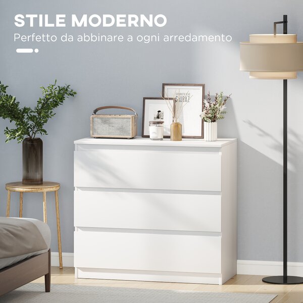 HOMCOM Cassettiera 3 Cassetti Moderna senza Maniglie per Camera e Soggiorno, 80x39x73 cm, Bianco | Aosom Italy