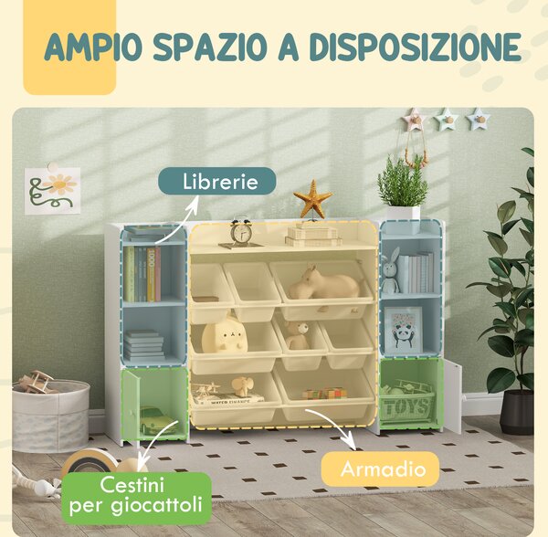 AIYAPLAY Scaffale Portagiochi per Bambini con 8 Contenitori Rimovibili e Armadietti, 140x30x90 cm, Bianco | Aosom Italy