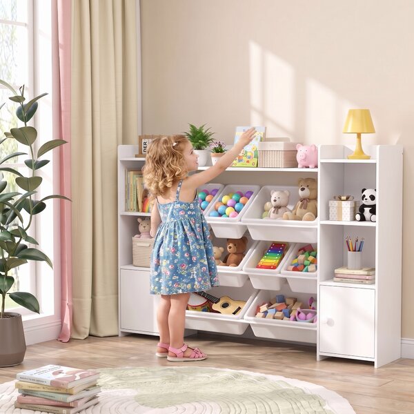 AIYAPLAY Scaffale Portagiochi per Bambini con 8 Contenitori Rimovibili e Armadietti, 140x30x90 cm, Bianco | Aosom Italy